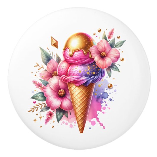 Pretty Pink and Gold Ice Cream Cone Birthday Keramische Knop (Voorkant)