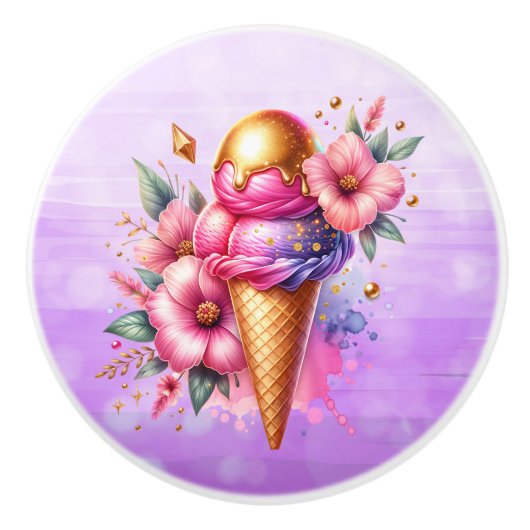 Pretty Pink and Gold Ice Cream Cone Birthday Keramische Knop (Voorkant)