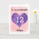 Pretty Pink and Purple 12th Birthday Granddaughter Kaart<br><div class="desc">A personalized pink and purple 12th birthday card for granddaughter that features watercolor heart against pink watercolor. You can personalize the heart with the age you need and add her name underneath the heart. The inside message can be easily edited if wanted. The back of the card says Happy Birthday,...</div>