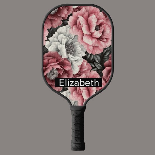 Pretty Pink and White Peony Personalized Pickleball Paddle