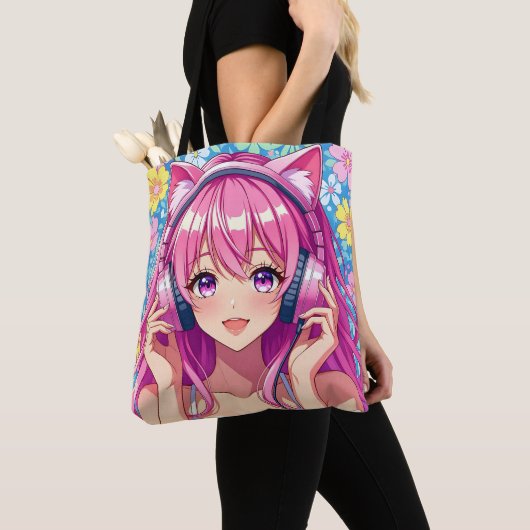 Pretty Pink Anime Girl in Headphones Tote Bag (Dichtbij)