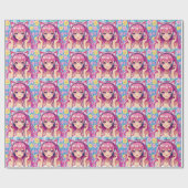 Pretty Pink Anime Girl's Birthday Party Cadeaupapier (Vlak)