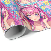 Pretty Pink Anime Girl's Birthday Party Cadeaupapier (Rol Hoek)