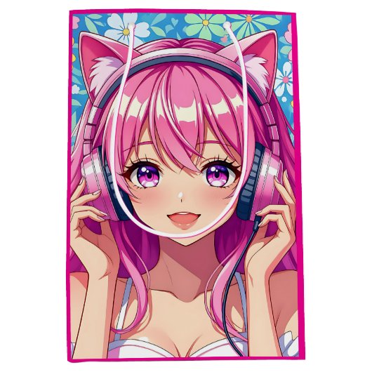 Pretty Pink Anime Girl's Birthday Party Medium Cadeauzakje (Voorkant)