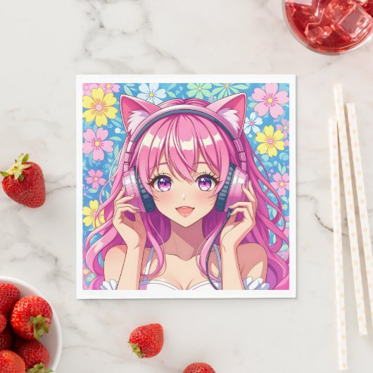 Pretty Pink Anime Girl's Birthday Party Servet (Insitu)