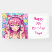 Pretty Pink Anime Girl's Birthday Party Spandoek (Horizontaal)