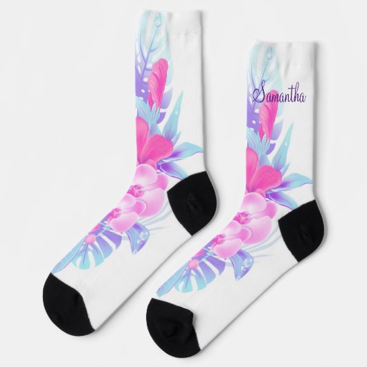 Pretty Pink Blue Purple Floral Tropical Sokken (Links)