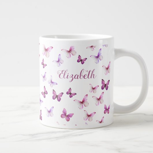 Pretty Pink Butterflies Custom Name Grote Koffiekop (Rechts)