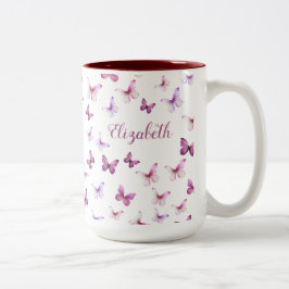 Pretty Pink Butterflies Custom Name Tweekleurige Koffiemok