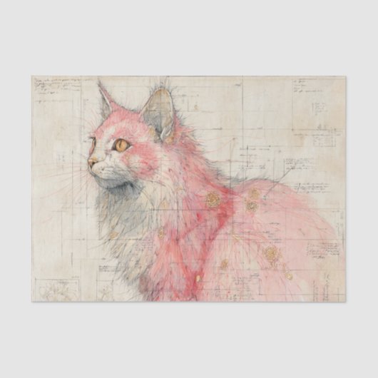 Pretty Pink Cat and Lines Illustrated on Parchment Tissuepapier (Voorkant)