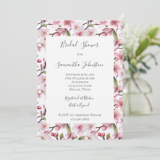 Pretty Pink Cherry Blossom Floral Bridal Shower Kaart (Staand voorkant)