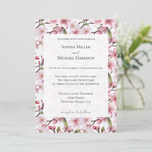 Pretty Pink Cherry Blossom Floral Wedding Kaart (Staand voorkant)