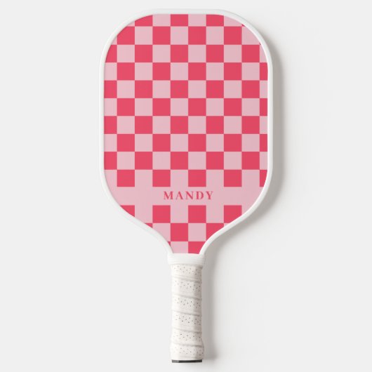 Pretty Pink Chic Checkerboard Custom Name Pickleball Paddle (Voorkant)