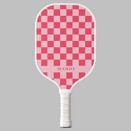 Pretty Pink Chic Checkerboard Custom Name Pickleball Paddle