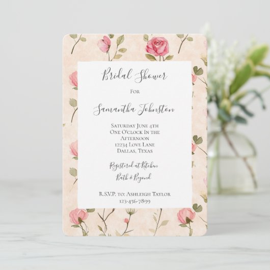 Pretty Pink Cream Roses Floral Bridal Shower Kaart (Staand voorkant)