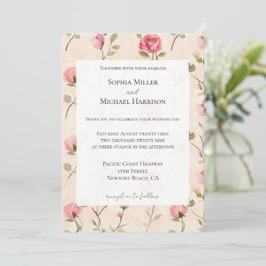 Pretty Pink Cream Roses Floral Wedding Kaart (Staand voorkant)