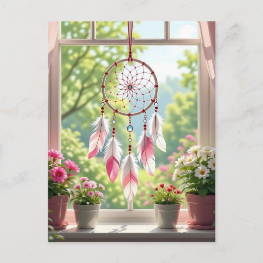 Pretty Pink Dreamcatcher and Plants Window Sill Briefkaart (Voorkant)