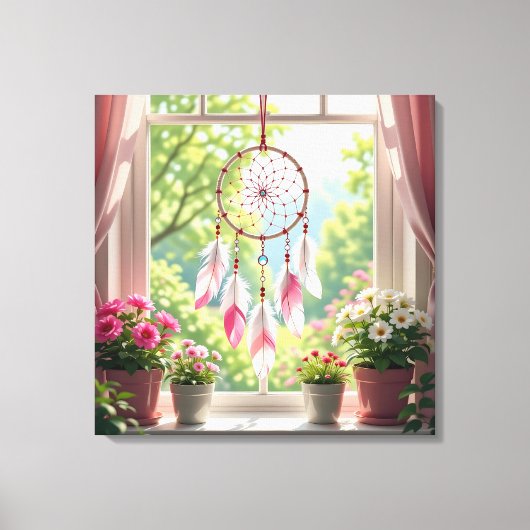 Pretty Pink Dreamcatcher and Plants Window Sill Canvas Afdruk (Voorkant)
