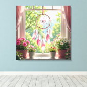 Pretty Pink Dreamcatcher and Plants Window Sill Canvas Afdruk (Insitu (Houten vloer))