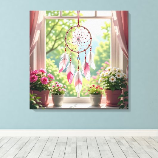 Pretty Pink Dreamcatcher and Plants Window Sill Canvas Afdruk (Insitu (Houten vloer))