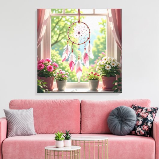 Pretty Pink Dreamcatcher and Plants Window Sill Canvas Afdruk (Insitu (Woonkamer))