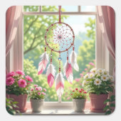 Pretty Pink Dreamcatcher and Plants Window Sill Vierkante Sticker (Voorkant)