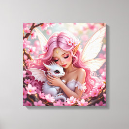 Pretty Pink Elven Fairy & Dragon  Canvas Afdruk