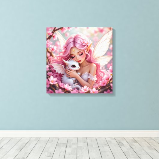 Pretty Pink Elven Fairy & Dragon  Canvas Afdruk (Insitu (Houten vloer))