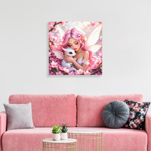 Pretty Pink Elven Fairy & Dragon  Canvas Afdruk (Insitu (Woonkamer))