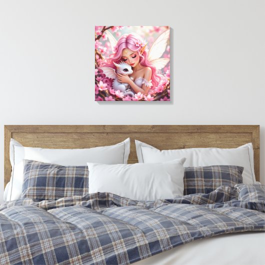 Pretty Pink Elven Fairy & Dragon Canvas Afdruk (Insitu (Slaapkamer))