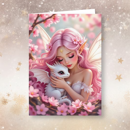 Pretty Pink Elven Fairy & Dragon | Happy Birthday Kaart