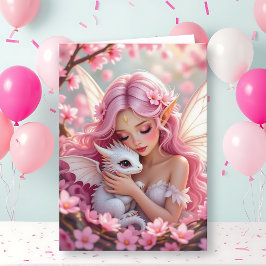 Pretty Pink Elven Fairy & Dragon | Happy Birthday Kaart