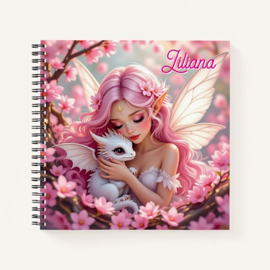 Pretty Pink Elven Fairy & Dragon Personalized Notitieboek (Voorkant)