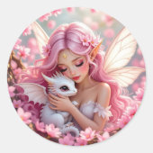 Pretty Pink Elven Fairy & Dragon Ronde Sticker (Voorkant)