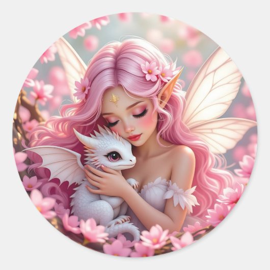 Pretty Pink Elven Fairy & Dragon  Ronde Sticker (Voorkant)