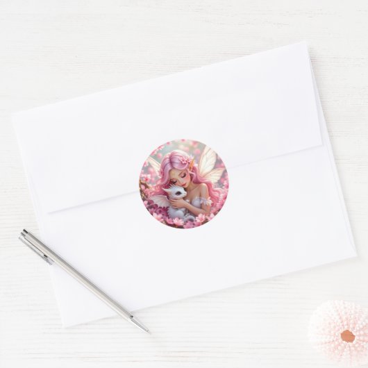 Pretty Pink Elven Fairy & Dragon Ronde Sticker (Envelop)