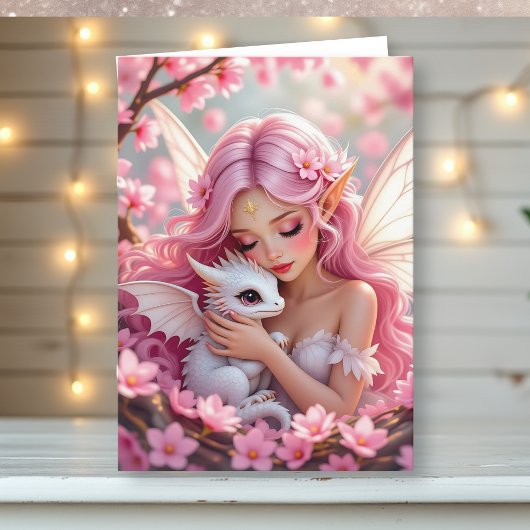 Pretty Pink Elven Fairy & Dragon | Thinking of You Kaart