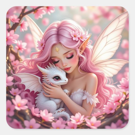 Pretty Pink Elven Fairy & Dragon  Vierkante Sticker (Voorkant)