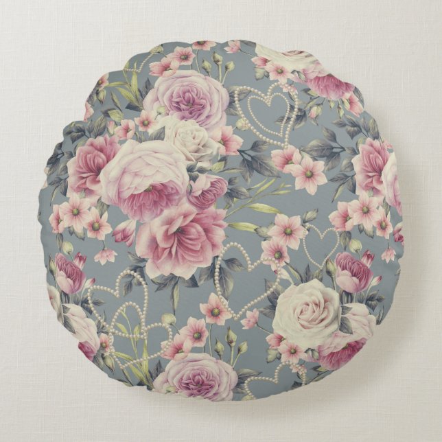 Pretty Pink Floral and Pearl Hearts Pattern Rond Kussen (Voorkant)