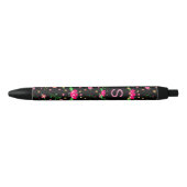 Pretty Pink Floral on Black Monogram Zwarte Inkt Pen (Voorkant)