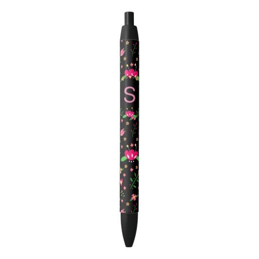 Pretty Pink Floral on Black Monogram Zwarte Inkt Pen (Voorkant Verticaal)