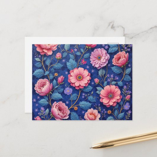 Pretty pink floral pattern briefkaart (Voorkant / Achterkant in situ)