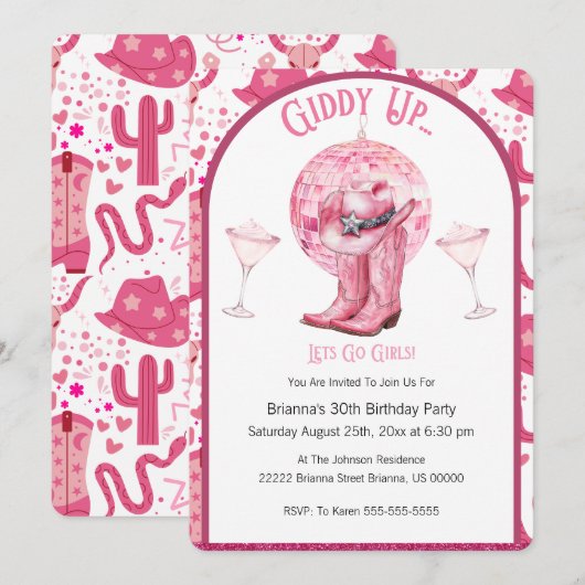 Pretty Pink & Glitter Cowgirl Birthday Invitation Kaart (Voorkant / Achterkant)