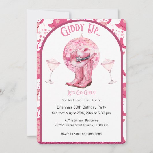 Pretty Pink & Glitter Cowgirl Birthday Invitation Kaart (Voorkant)