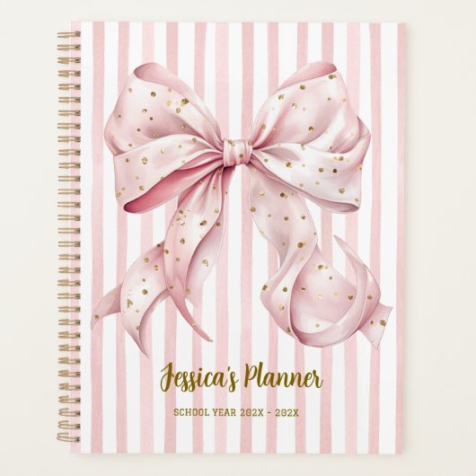 Pretty Pink Gold Confetti Bow School Planner (Voorkant)