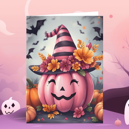 Pretty Pink Halloween Pumpkin Jack-o-lantern Kaart