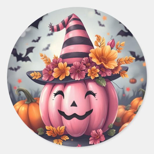 Pretty Pink Halloween Pumpkin Jack-o-lantern Ronde Sticker (Voorkant)