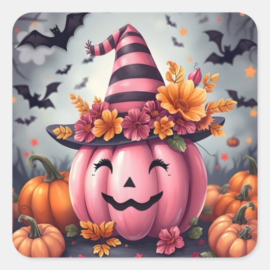 Pretty Pink Halloween Pumpkin Jack-o-lantern Vierkante Sticker (Voorkant)