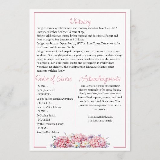 Pretty Pink Hydrangea Celebrating Life - Funeral Programmakaart (Achterkant)