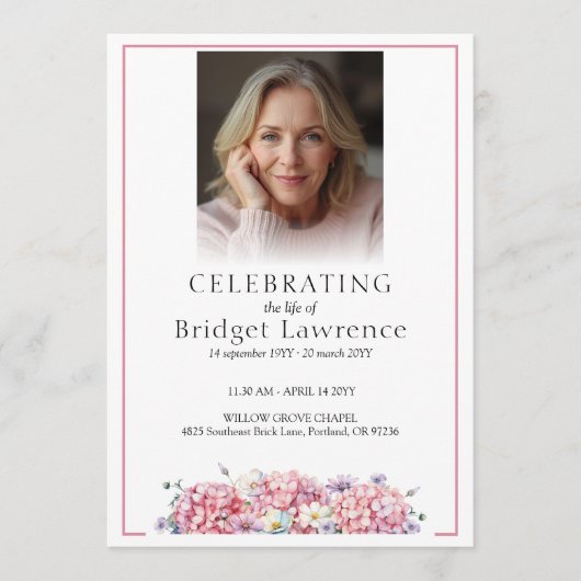 Pretty Pink Hydrangea Celebrating Life - Funeral Programmakaart (Voorkant)